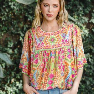 Plus Size Geometric Wide Sleeve Blouse